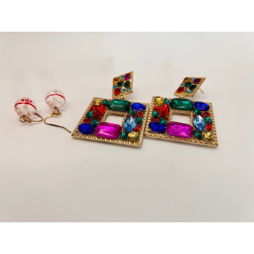 Earring Set Women OS Multicolor Good Gemstone Square & Striped Orb - Picture 12 of 12